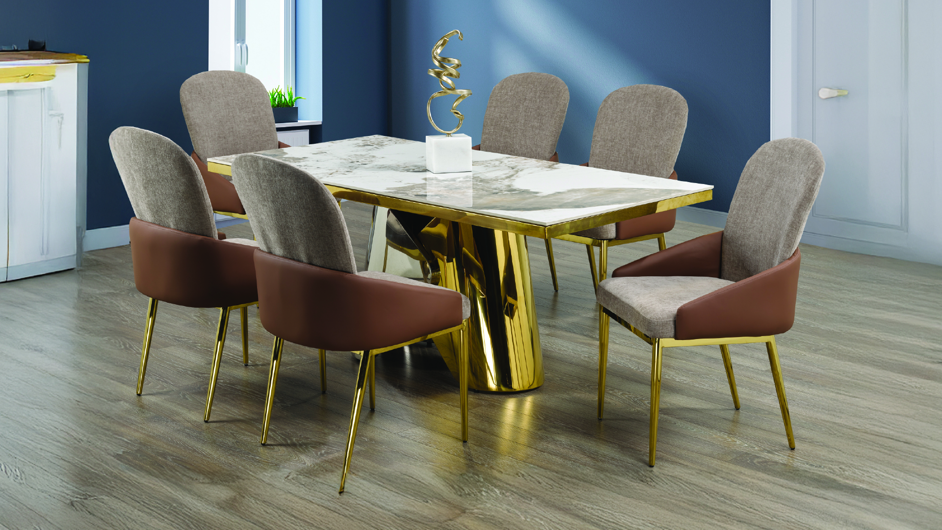 D1840-DELORA-DINING TABLE-MARBLE-CHROME-GOLD